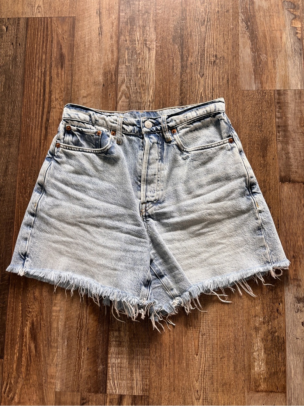 Buck Mason Rider Light Blue Distressed Hem Denim Shorts